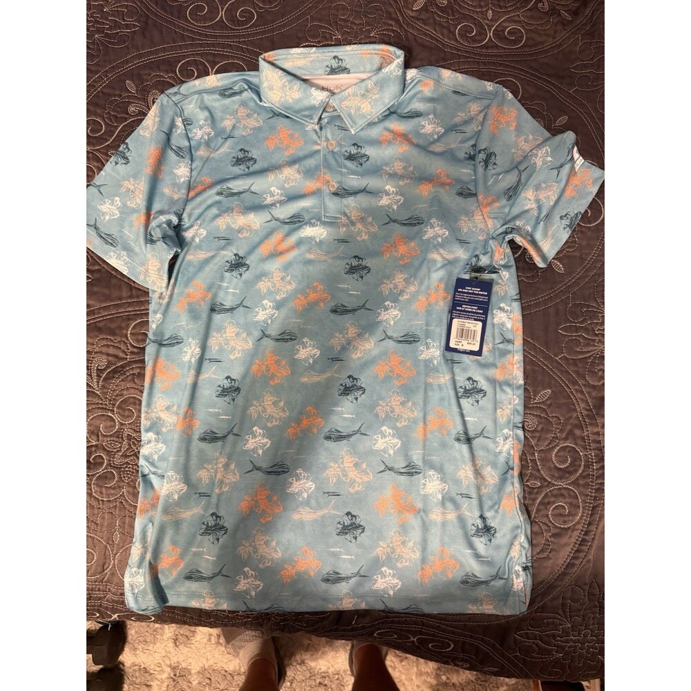 Huk Mens KC Pursuit Whale Floral Pattern Fishing Polo S Small NWT Marine Blue